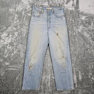 Levis Jeans Womens 27 Blue Denim Ribcage Straight Grunge Distressed